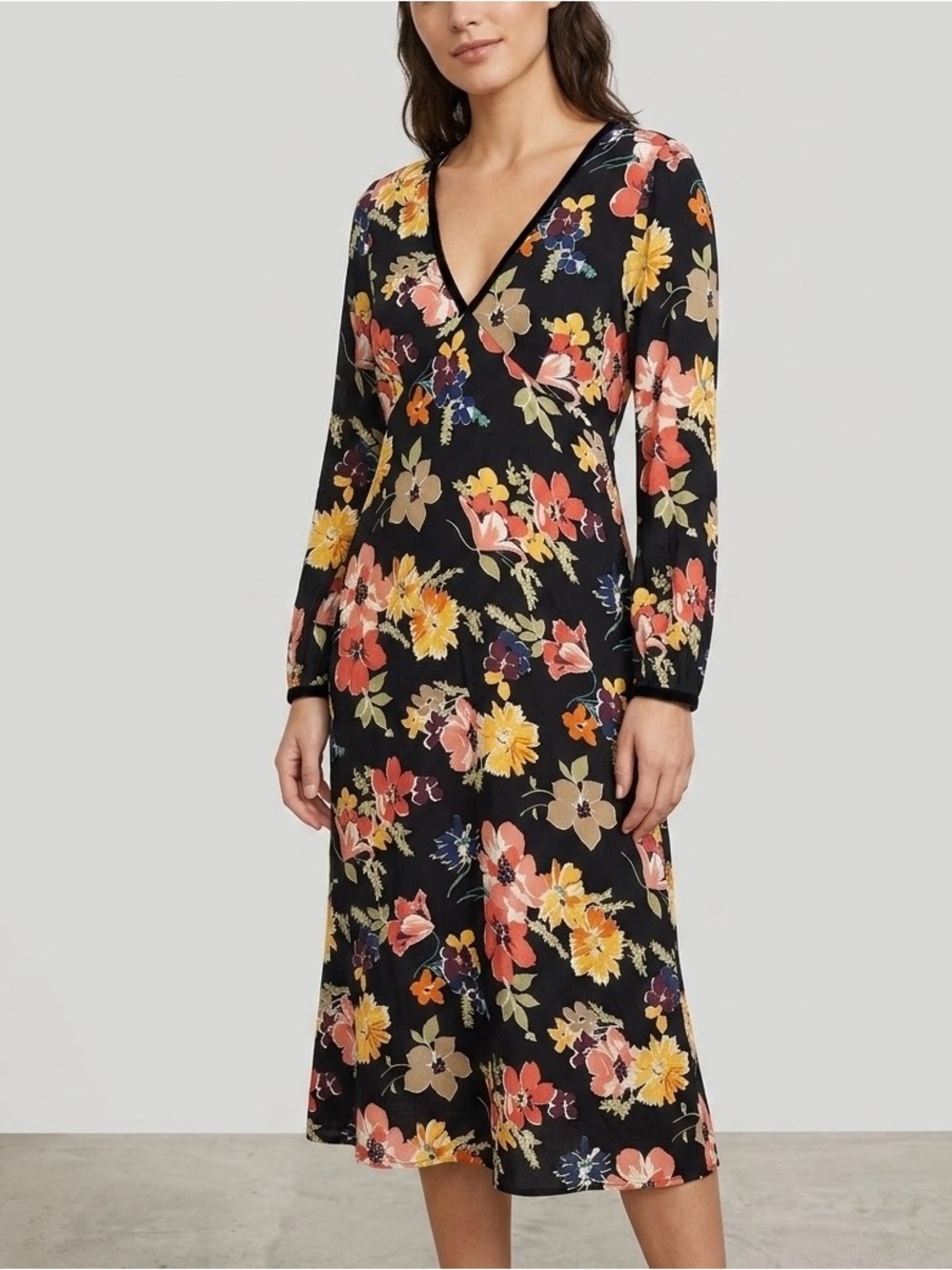 Zara Trafaluc Black Floral V-Neck Dress Size XS